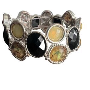 Silver black and gold tone sophisticated elegant chunky stretch bracelet